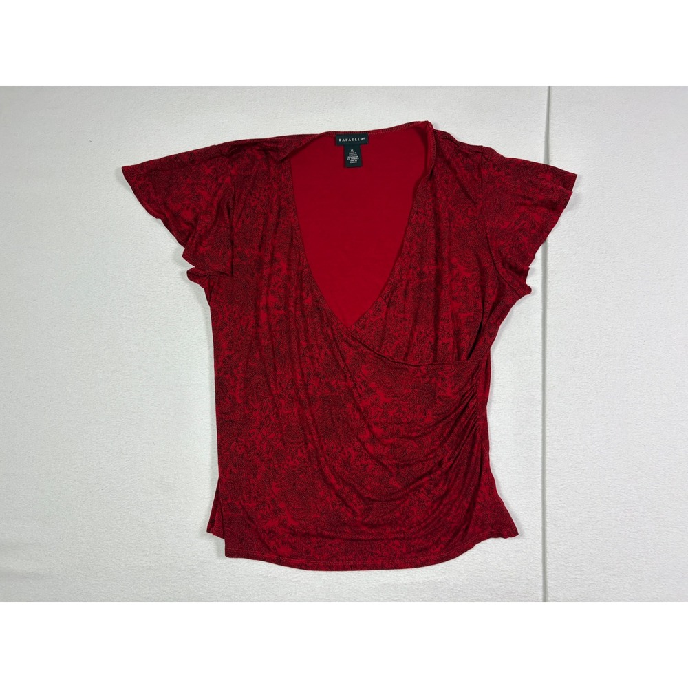 Rafaella Womens XL Red Black Floral Faux Wrap Ruched Flutter Sleeve V-Neck Top